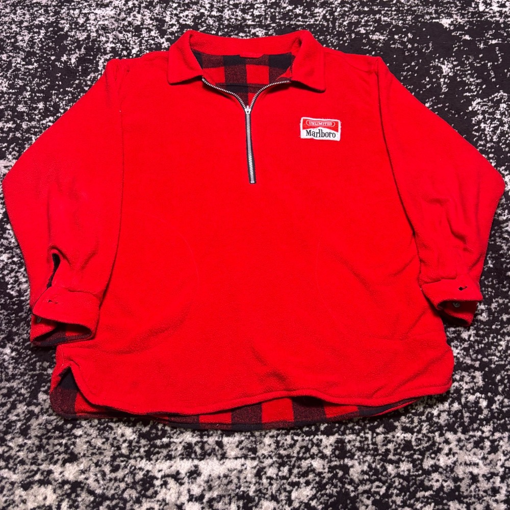 Vintage Marlboro Unlimited Red Fleece Quarter Zip Buffalo Plaid Lined Pullover